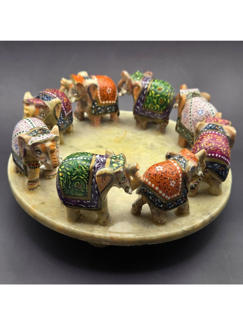 Hand Painted Marble Elephants 8 Figures On Marble Base Candle Ring Home Decor